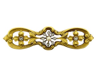 Art Nouveau 14K gold brooch with diamonds and seed pearls