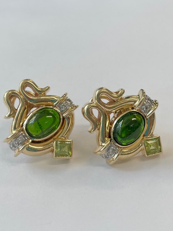 14K gold post earrings with cabochon green tourmal