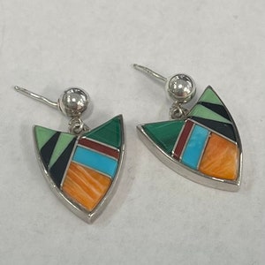 Sterling silver ball post earrings with multi stone inlay drop
