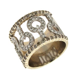 18K yellow and white gold wide band with white and champagne diamonds