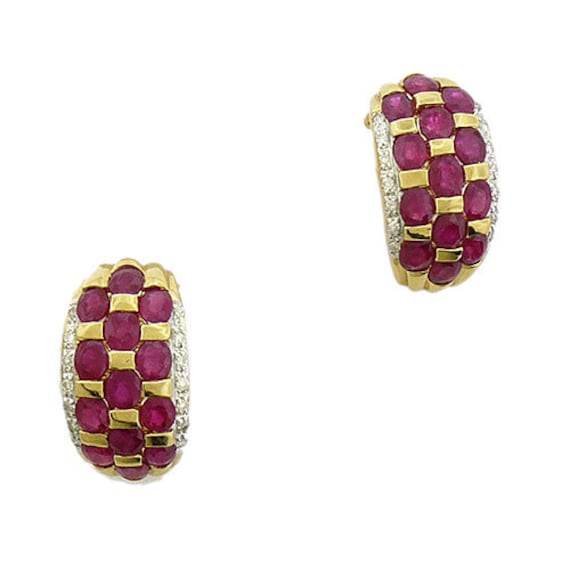 14K gold ruby and diamond half hoop earrings, cir… - image 1
