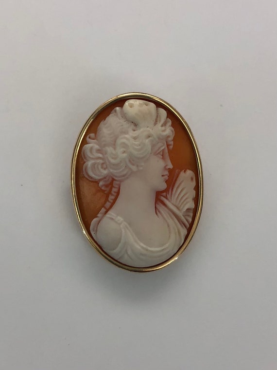 Shell cameo brooch set in 14K yellow gold