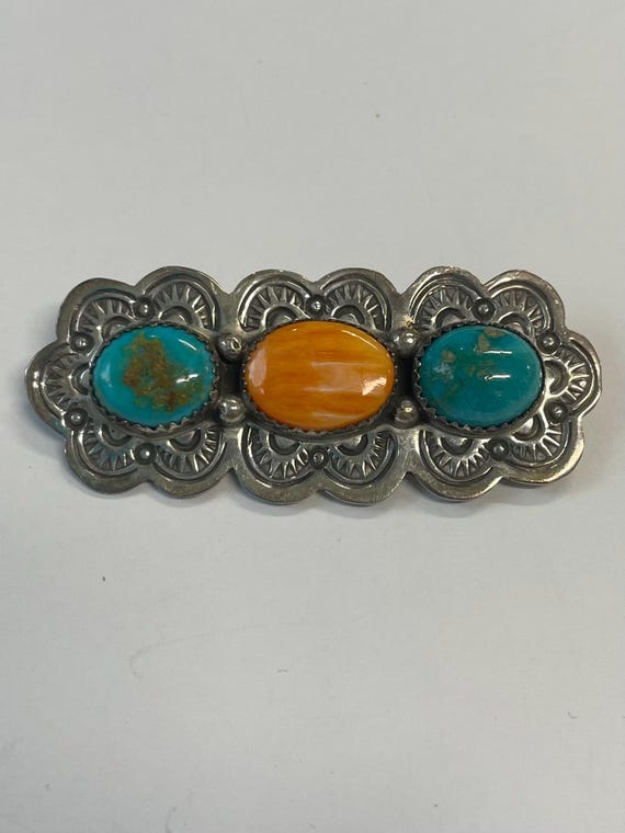 Sterling silver turquoise and spiny oyster brooch