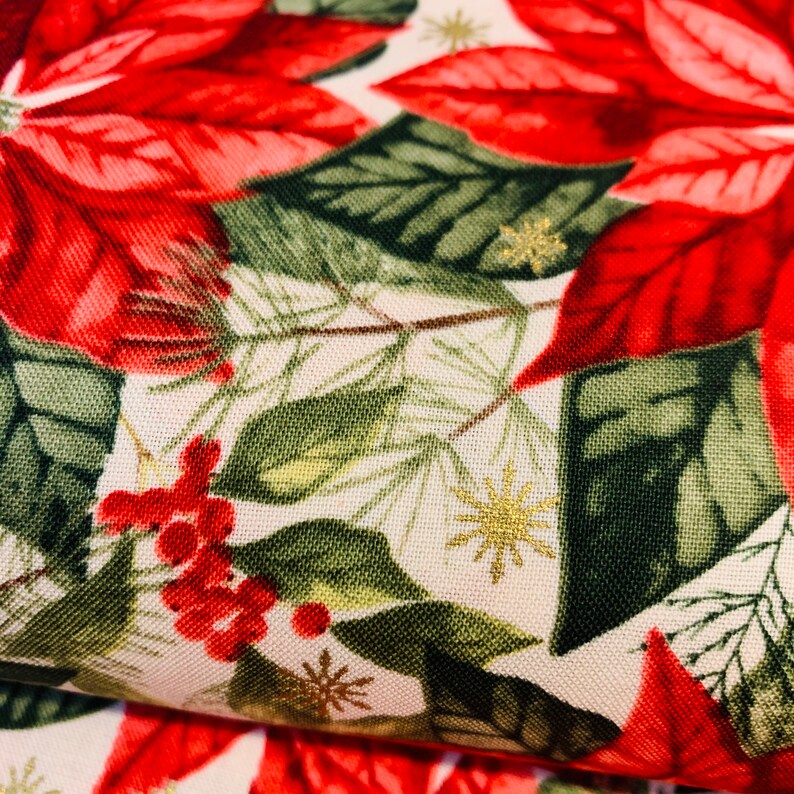 Christmas Floral Fabric Poinsettia Fabric Christmas Cotton Fabric Metallic Gold Poinsettia Quilting Cotton
