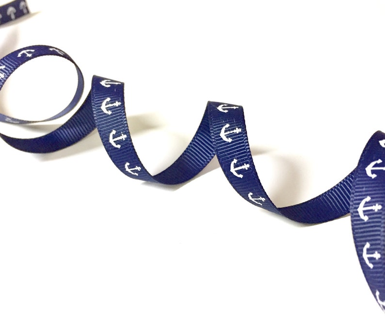 ANCHORS white on Navy 5//8/" Grosgrain x 6 ft Nautical Beach Sea