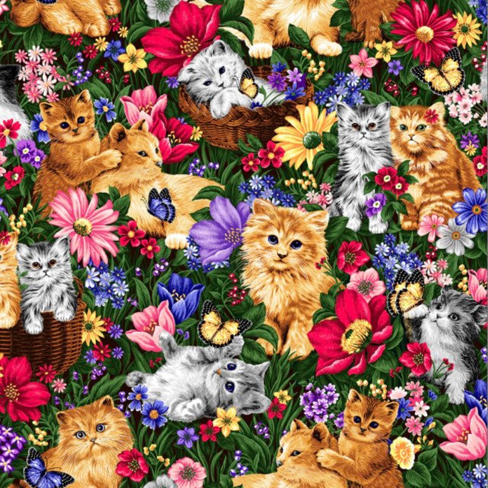 Kittens fabric cat print fabric floral kitten fabric etsy