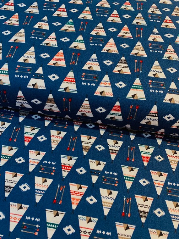 Teepee Tribal Navy Fabric By the Yard Tent Navy Blue & White Triangles a5/15 