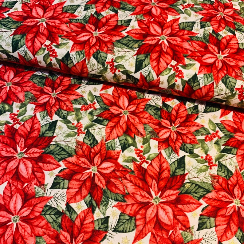 Christmas Floral Fabric Poinsettia Fabric Christmas Cotton Fabric Metallic Gold Poinsettia Quilting Cotton