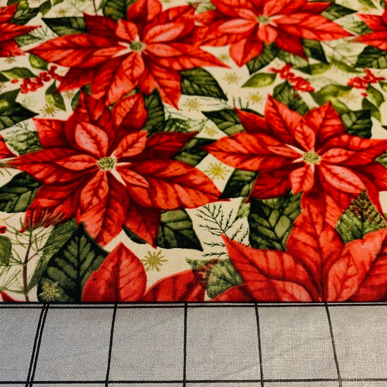 Christmas Floral Fabric Poinsettia Fabric Christmas Cotton Fabric Metallic Gold Poinsettia Quilting Cotton