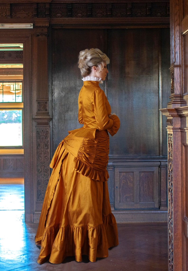 1880s Fashion History – Dresses, Clothing, Costumes     Princess Ola Silk Dupioni Bustle Dress  AT vintagedancer.com