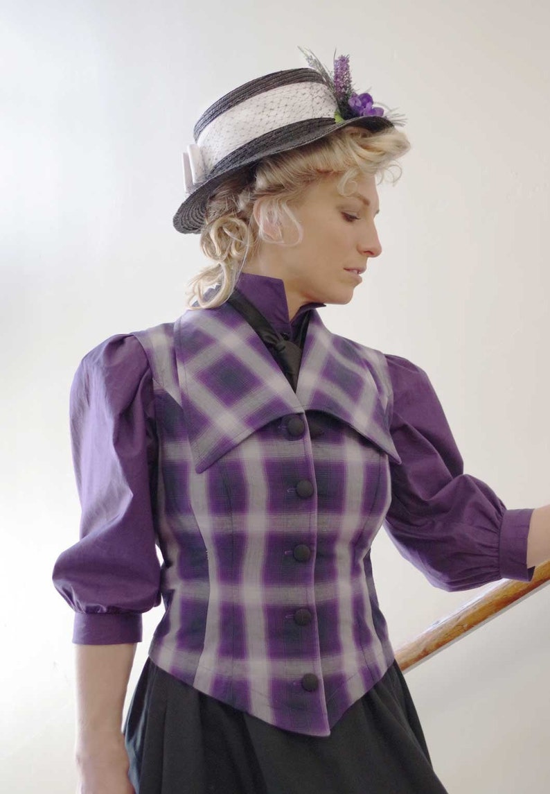 Edwardian Ladies Clothing – 1900, 1910s, Titanic Era Clothilde Purple Plaid Edwardian Vest $89.95 AT vintagedancer.com