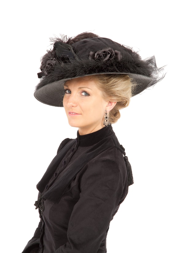 Edwardian Ladies’ Hats History 1900s 1910s Black Edwardian Hat H160830 Black Edwardian Hat $68.00 AT vintagedancer.com