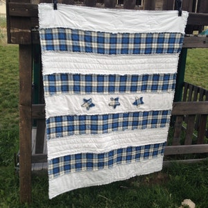 Blue plaid flannel rag crib/toddler quilt