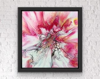 Sinfonía Escarlata - Enmarcado 12x12 - Floración - Arte fluido - Pintura de arte fluido - Obra de arte única - Arte fluido con pintura acrílica y pigmento - Pintura abstracta