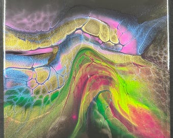Cosmic Rainbow Fluid Art Painting, Abstract Acrylic Bloom (10x10)