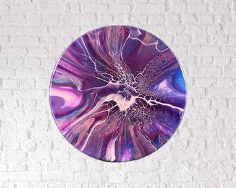 Pintura de arte fluido "Sueños Púrpura", Floración abstracta moderna, 8" redonda