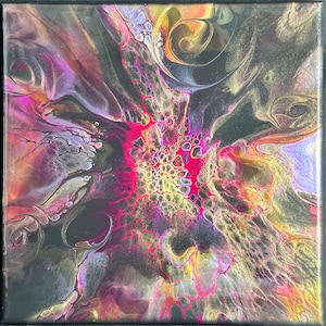 Magenta Flames-12x12-Modified Bloom-fluid art- fluid art painting -one of a kind art–fluid art w/acrylic paint & pigment–abstract painting