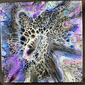 Violet Harmony, -10x10x2- fluid art Bloom – fluid art painting – one of a kind art- fluid art w/acrylic paint & pigment- fluid painting