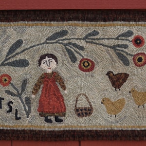 Rug Hooking Pattern, Feeding the Hens, Primitive Hooked Rug pattern, Hand hooked rug patterns by Terri Leamer of Winter Cottage Studio