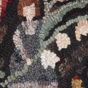 May include: A detailed textile art piece featuring a figure holding a floral branch. The figure is depicted in a dark blue dress with a white collar and brown hair. The background is dark with accents of red, pink, and beige.