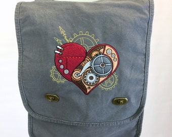Bolsa de campaña - Corazón de relojería, bordada