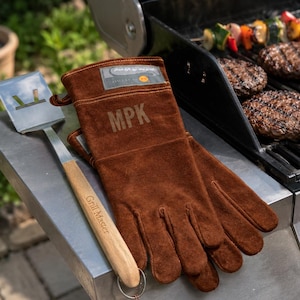 Personalized Leather Grilling Gloves | BBQ Gifts for Men, Optional Claws and/or Spatula