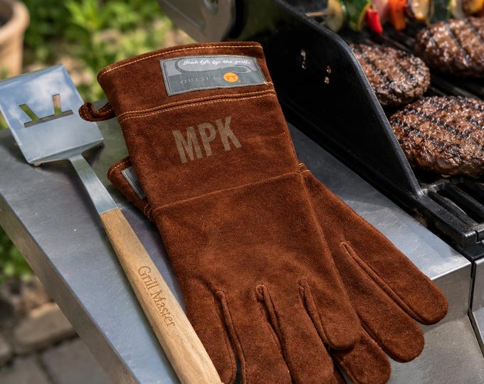 Large Grill Gloves for Men | Best Gift for Men | Personalized Grill Gifts | Leather Grill Gloves, Meat Claws or Spatula, 3rd Anniversary