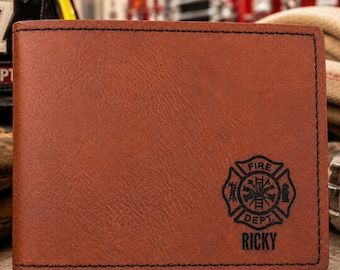 Personalized Firefighter Wallet: Engraved Faux Leather Bifold