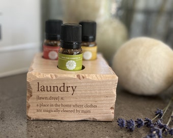 Personalized Laundry Room Essential Oil Holder: Maple Wood 3-Slot Organizer