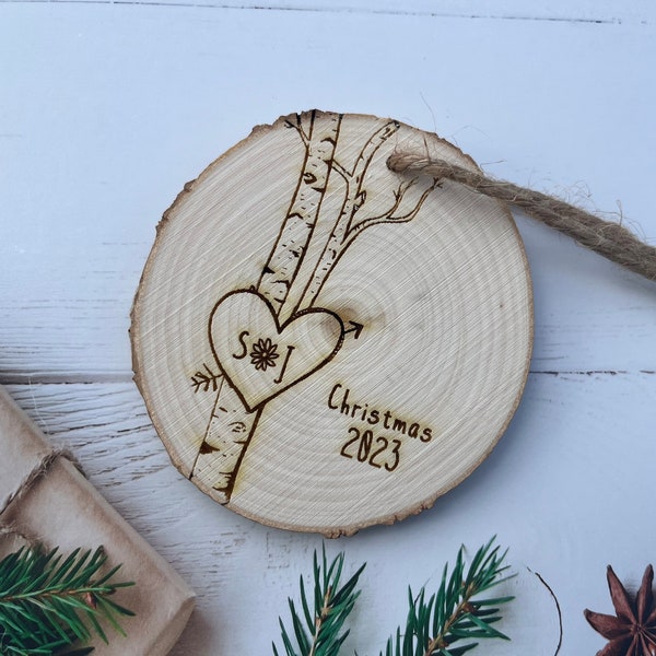 Birch Tree Ornament, Personalized Ornaments, Christmas Ornament, Tree Ornament, Heart Ornaments, Couples Gift, 5th Anniversary Wood