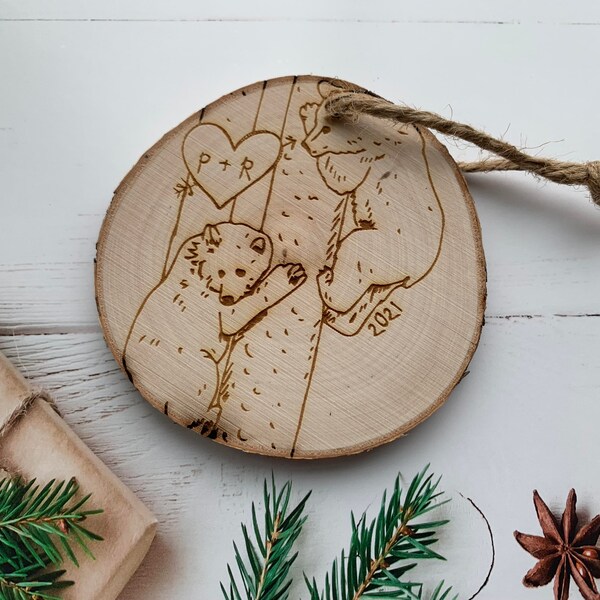 Bear Tree Love Ornament, Personalized Christmas Ornament, Initial Ornaments Christmas, Couples Ornament, Personalized Ornaments for Couples