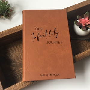 May include: A brown leather-bound journal with the text "Our Infertility Journey" and the names "Jake & Meagan" on the cover.