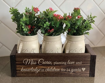Personalized Teacher Retirement Gift | Rustic Planter Box with Mason Jars