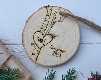 Birch Tree Ornament, Personalized Ornaments, Christmas Ornament, Tree Ornament, Heart Ornaments, Couples Gift, 5th Anniversary Wood