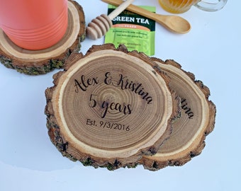 Wood Coasters Personalized, Set of 4 Logs | Wood Anniversary Gift for Wife | 5 Year Anniversary