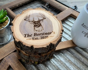 Personalized Deer Coasters, Hunting Gifts for Men, Antler Decor, Wood Coasters for Fathers Day - "Personalized Log Coasters - Set of 4"