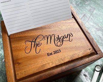 Wood Heirloom Recipe Boxes for 4x6 Cards | Bridal Shower Recipe Box | Kitchen Recipe Storage Box | Wedding Gift for Couple Fancy | Engraved