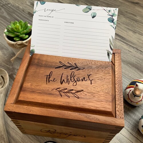Engraved Recipe Card Box Personalized Recipe Box with Wooden Dividers Gift for Mom Custom Recipe Box with Cards 4x6 Gift for Grandmother Wedding Bridal Shower Gift Wood Kitchen Décor 