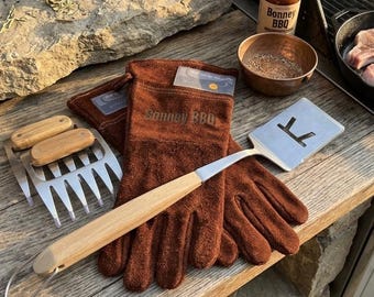 Personalized Leather Grill Gloves & Spatula Set | BBQ Meat Claws, Personalized Fathers Day Gift