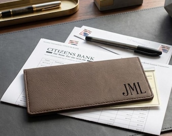 Personalized Faux Leather Checkbook Holder for Men, Monogram Checkbook Cover