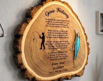 Poema "Me fui a pescar al cielo", Placa "Me fui a pescar", Letrero "Me fui a pescar", Placa conmemorativa de madera de olmo, Letrero conmemorativo de madera de olmo, Recuerdo de pescador