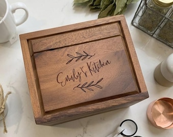 Acacia Wood Recipe Box: Laser Engraved Kitchen Storage for 4x6 Cards