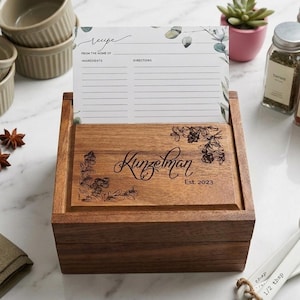 Engraved Acacia Wood Recipe Box: Personalized Family Keepsake, Recipe Box for Bride, Couples Gifts