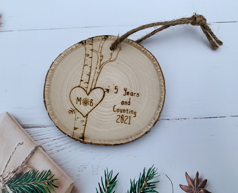 Birch Tree Ornament, Personalized Ornaments, Christmas Ornament, Tree Ornament, Heart Ornaments, Couples Gift, 5th Anniversary Wood image 4