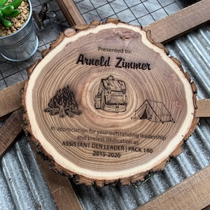 Appreciation Plaques, Camp Plaques, Den Leader Plaque, Council Event Plaques, Commissioner Plaques, Wood Plaques, Elm Wood Plaque Engraved