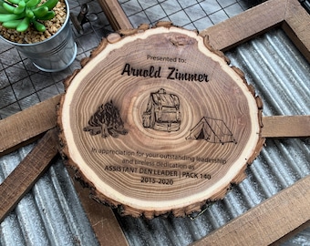 Appreciation Plaques, Camp Plaques, Den Leader Plaque, Council Event Plaques, Commissioner Plaques, Wood Plaques, Elm Wood Plaque Engraved