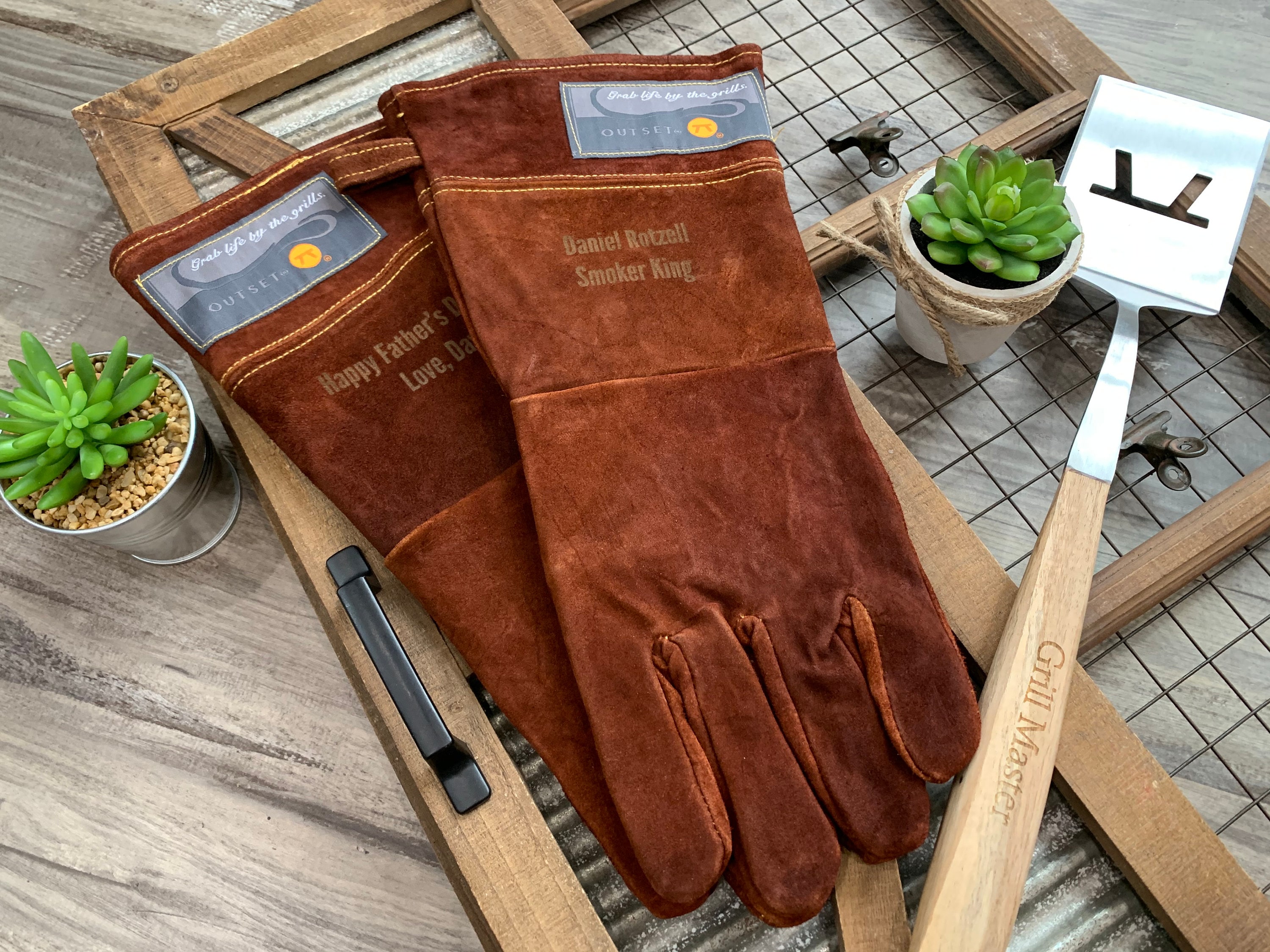 BBQ Gloves, Grill Gloves, Genuine Leather Grilling Gloves Leather Barbecue  Gloves Personalized spatula is Optional Valentines Day Men 