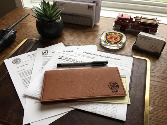 Personalized Firefighter Checkbook Cover: Fire Department Checkbook Cover, Engraved Faux Leather Check Book Wallet