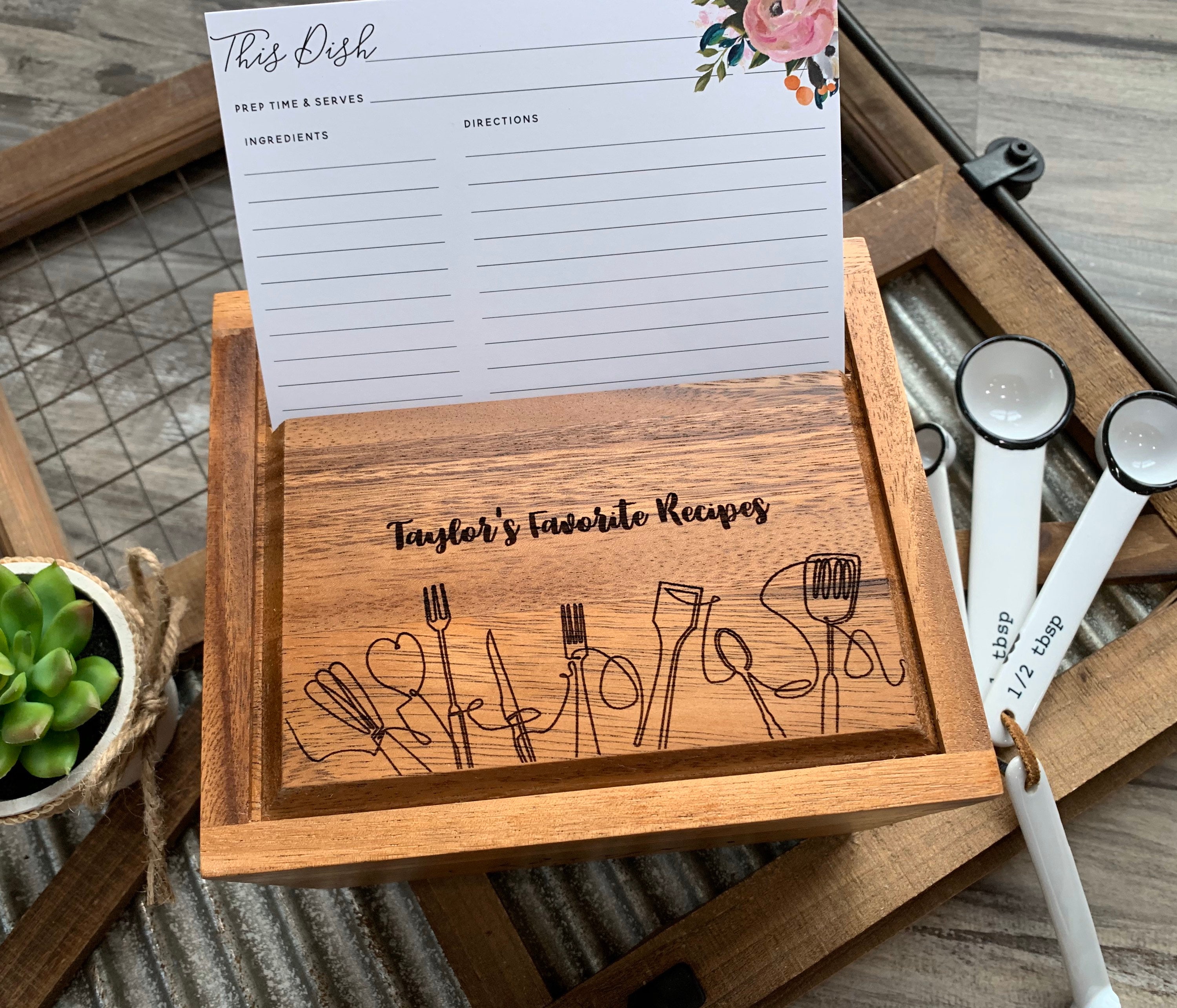 Caja De Recetas De Madera Con Tarjetas Y Divisores, 6 Separadores De Madera Y 50 Tarjetas