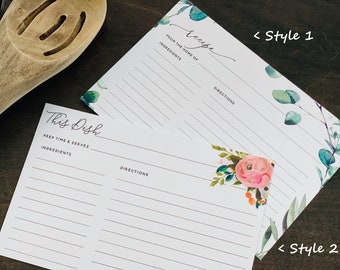 May include: Two recipe cards with floral and botanical designs. One card features the text "Recipe" and "From the Home of Ingredients". The other card has the text "This Dish" and "Prep Time & Serves". Both cards have lined spaces for writing.